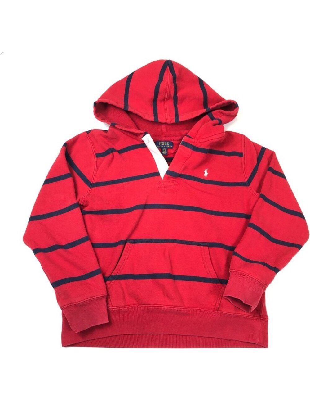 Polo Ralph Lauren Youth Red Striped Rugby Hoodie Pouch Pocket Kids Size Large